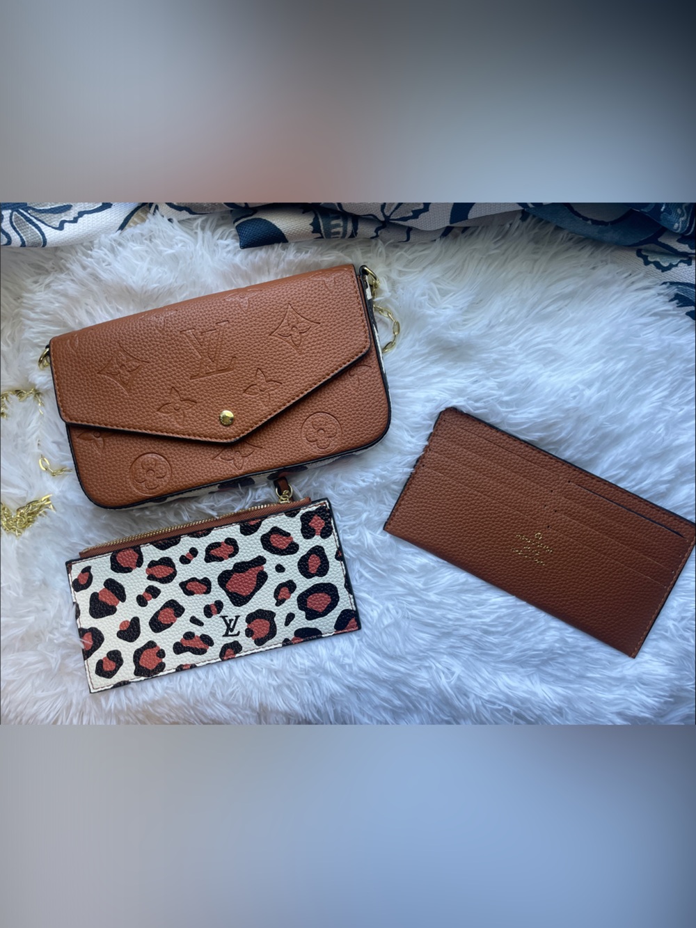 NEW LV Brown Monogram Embossed Leather Crossbody Wallet Set with Leopard Accent